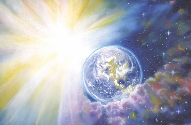 Una creación artística abstracta del planeta Tierra con una explosión de rayos anchos en blanco y amarrilla a la izquierda, con nubecillas multicolores y el espacio profundo a la derecha.